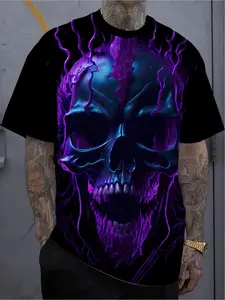 A men's 3D printed skull T-shirt - a breathable, casual sporty style, machine washable, featuring black with purple and blue skull patterns, short-sleeved round neck, suitable for summer outdoor activities, Streetwear, Menswear