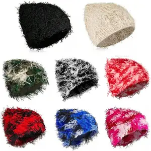 New Warm Thick Stretchable Distressed Knitted Beanie Fuzzy Winter Hats Trendy Tassel Y2K Beanies Outdoor Ski Knit Skull Cap for Women Men