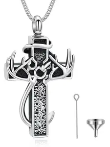 1 Pcs Cross Cremation Jewelry Urn Necklace for Human Ashes Fish Hook Memorial Urn Pendant Deer Antler Cross Ashes Holder Keepsake Jewelry Cross Charm Necklace Cross Necklaces