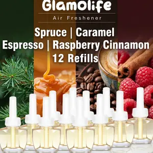 12-Pack Plug-In Air Freshener Refill Set, 6.0-7.9 fl. oz. Long-Lasting Indoor Scented Liquid - Spruce, Caramel, Espresso, Raspberry Cinnamon - Compatible with Air Wick, Glade Diffusers, Humidifiers aromatherapy oil