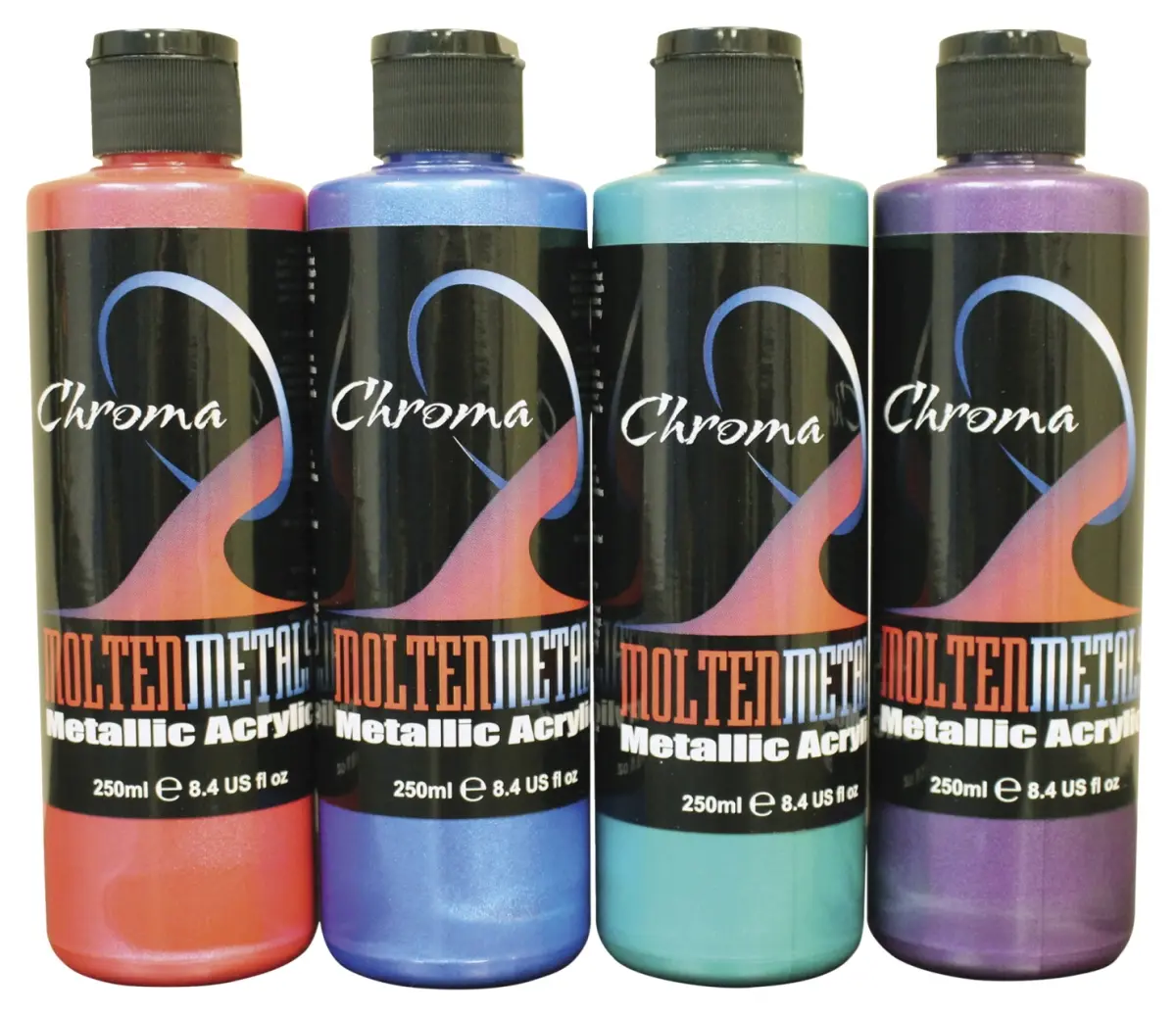 Chroma 8 oz Molten Metal Acrylic Paint Set - 4 Assorted Bright Metallic Colors, Quick-Drying, Freeze-Thaw Stable, Non-Toxic, Silky Finish, Superb Coverage, Intermixable, for Home Use, Art Enthusiasts