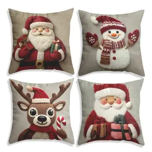 Christmas Pillowcase Set 4 Pieces, Santa Snowman Reindeer Cane Design, Polyester, Living Room Sofa Decor (no Pillows)