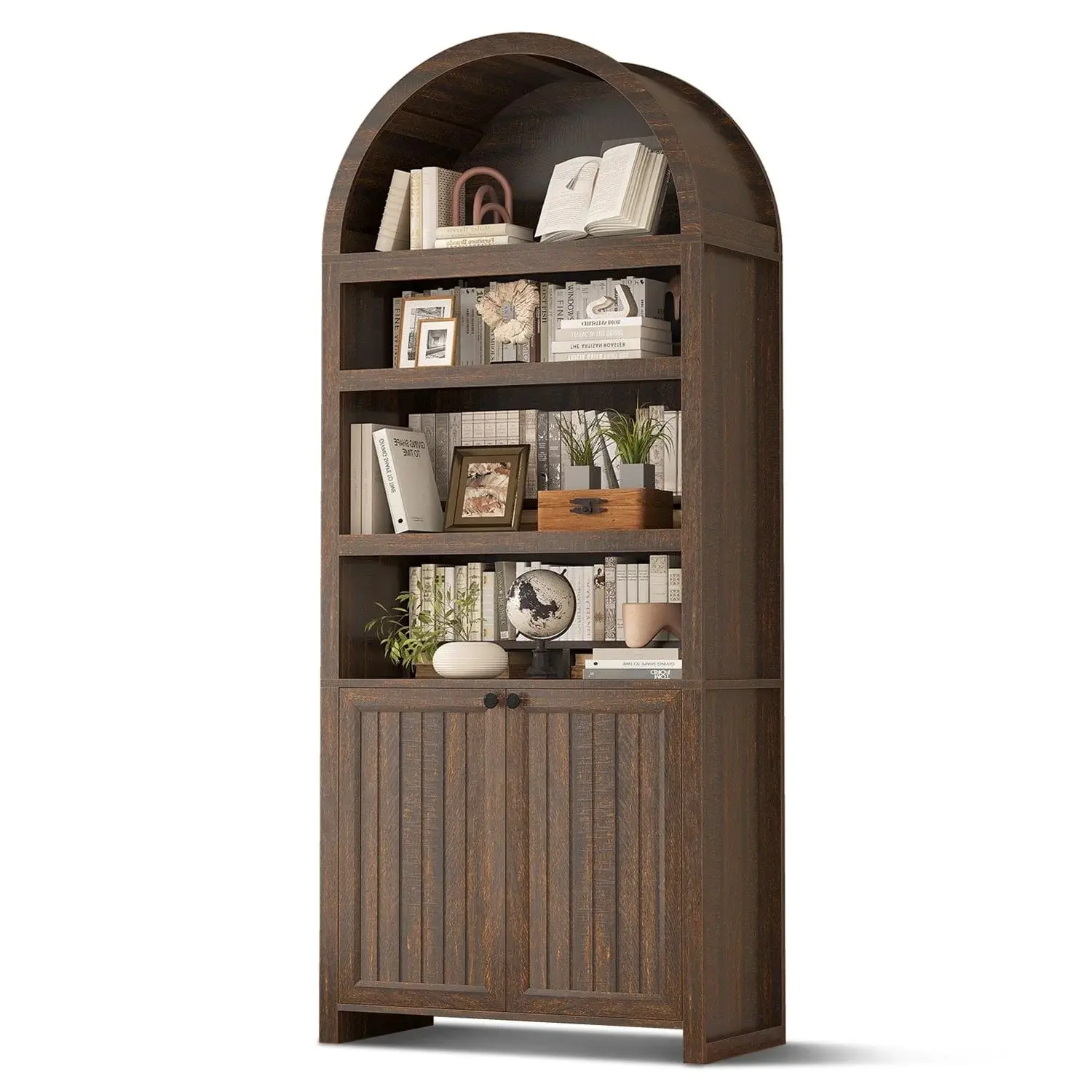 81 Inches Tall Arched 6-Tier Bookcase with Door Walnut