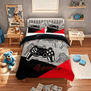 Three-piece game console pattern bedding set, Decorative bedding set, including a bedspread and two pillowcases (without mattress pad), suitable for bedrooms and guest rooms, various sizes, 100% polyester, machine washable, Soft Bedding Sets