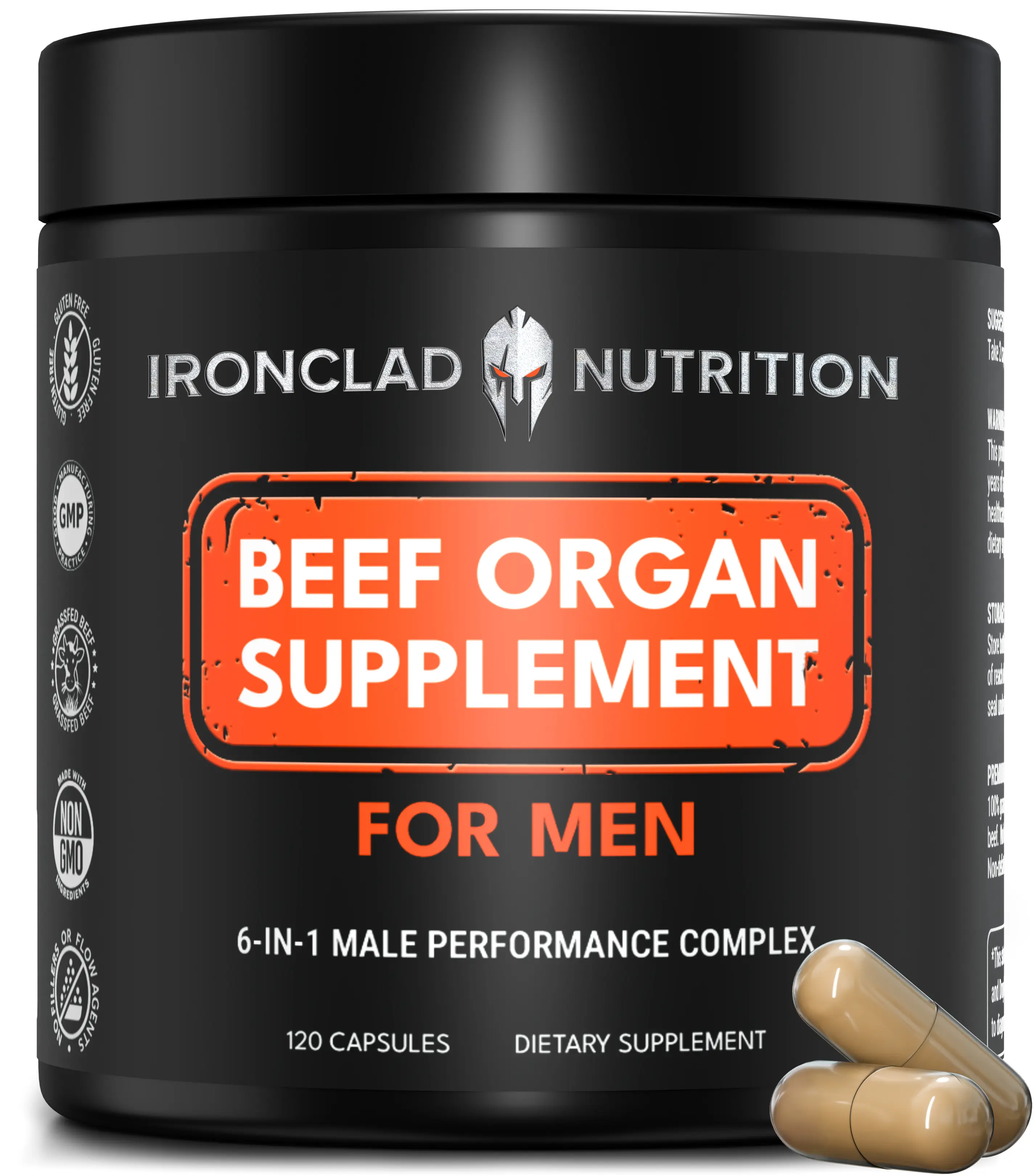Ironclad Nutrition Beef Organ Vitamin Supplement for Men - 6-in-1 Blend with Liver, Heart, Kidney - Grass-Fed, Grass-Finished, New Zealand Sourced - 120 Capsules