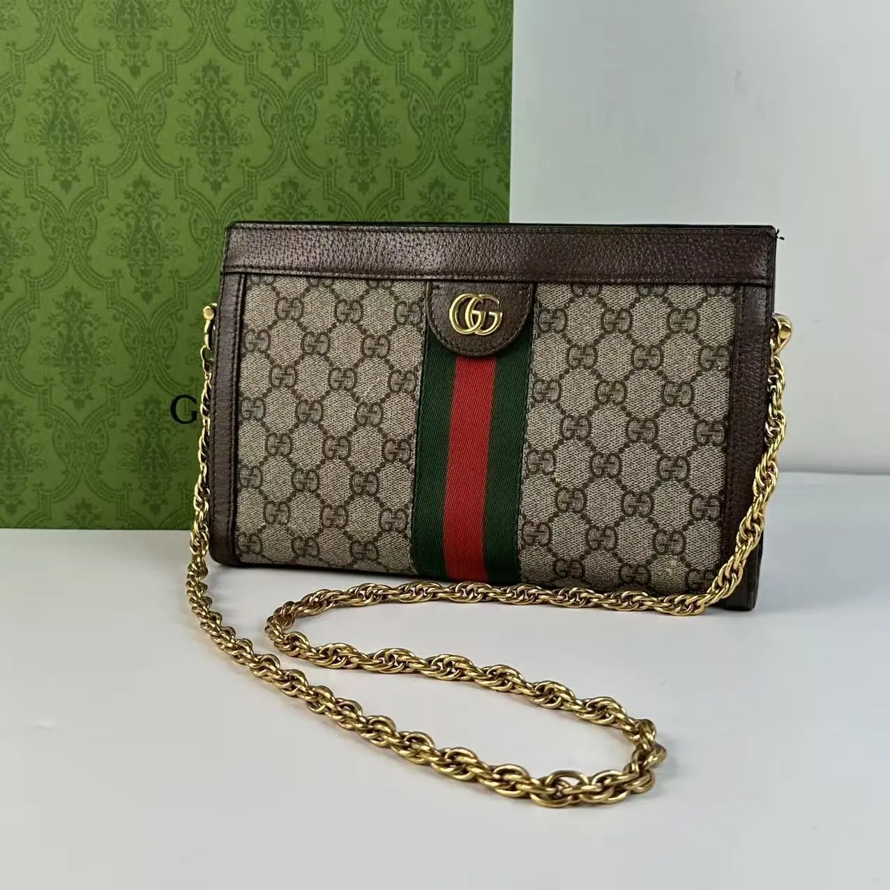 Pre-owned GUCCI Ophidia GG Canvas Leather Crossbody Bag, Chain Accented Crossbody Purses
