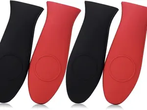 4-Pack Silicone Hot Handle Holders, Heat-Resistant Kitchen Grip Covers for Fry Pans, Cast Iron Skillets, Metal Cookware, Kitchen Supplies - Black & Red