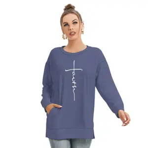Women's Side Split O-Neck Sweatshirt - Pullover Style - Womenswear Long Sleeves Casual Polyester Round Neck