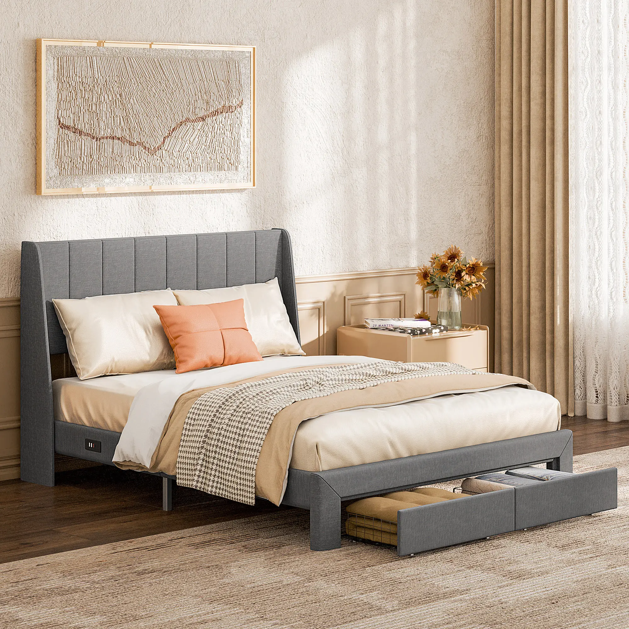 Sweetcrispy Upholstered Platform Bedframe with Fabric Upholstered Tufted Headboard, 2 Storage Drawers, Queen Bed Frame, Contemporary Upholstered Bed, Modern Platform Bed