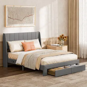 Linen Upholstered Platform Bed with 2 Drawers, Storage Bed Frame With Tufted Headboard