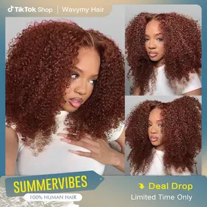 Wavymy Pre-Cut Lace Wig Put On and Go Wigs Reddish Brown Kinky Curly 6x4 Lace Closure Wig Wear Go Glueless Beginner Wig Hair Fit