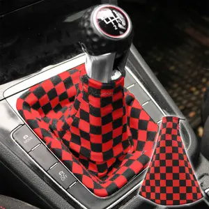 Universal Checkered Red Fabric Gear Manual Shifter Shift Knob Boot cover