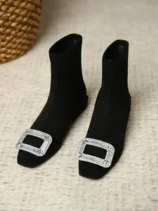 Women's Fashionable Rhinestone Decorated Ankle Boots, Western Inspired Boots, Casual Comfortable Square Toe Boots for Daily Wear, All Match Boots for Women & Girls