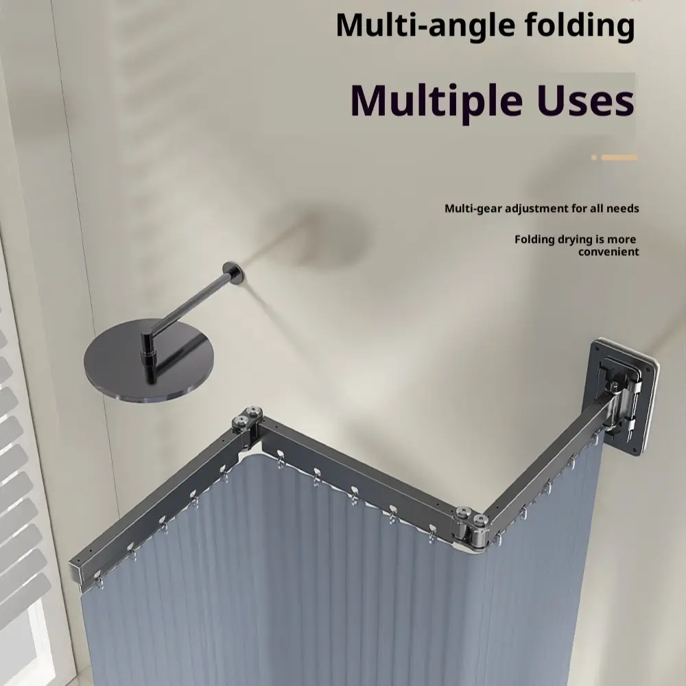 Modern U-Type Invisible Folding Polyester Shower Window Curtain with Adjustable Alloy Nail-Mounted Rod - Thick, Waterproof, Mildew-Proof Fabric for Bathroom Dry-Wet Separation Partition, Shower Window Curtain Waterproof