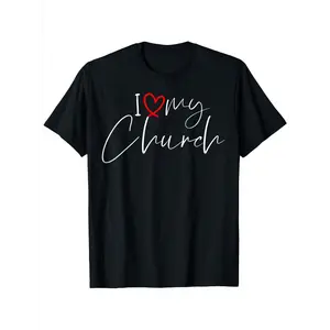 I Love My Church Pastor Appreciation T-Shirt - Unisex Casual 100% Cotton Tee with Red Heart & Cursive Script Design, Slightly Elastic Round Neck, Machine Washable, Shirt for Church Office