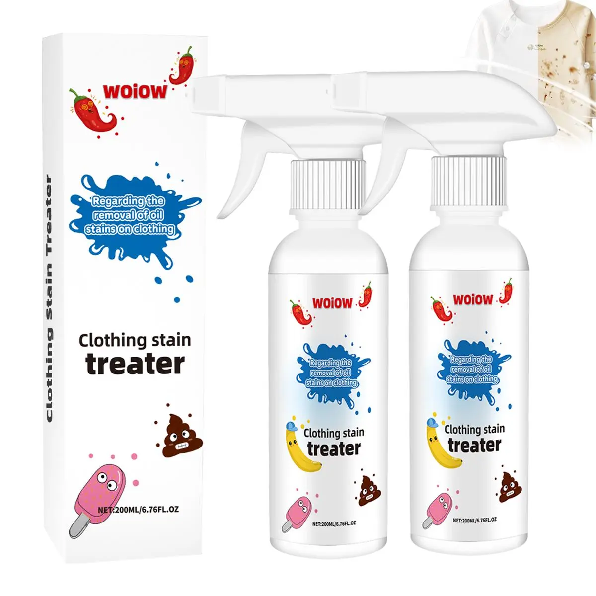 WOiOW Stain Treater Spray - Instant Stain Remover for Clothes, Carpets, Fabrics & More - Safe, Easy Portable Stain Remover for Set-In Food Stains