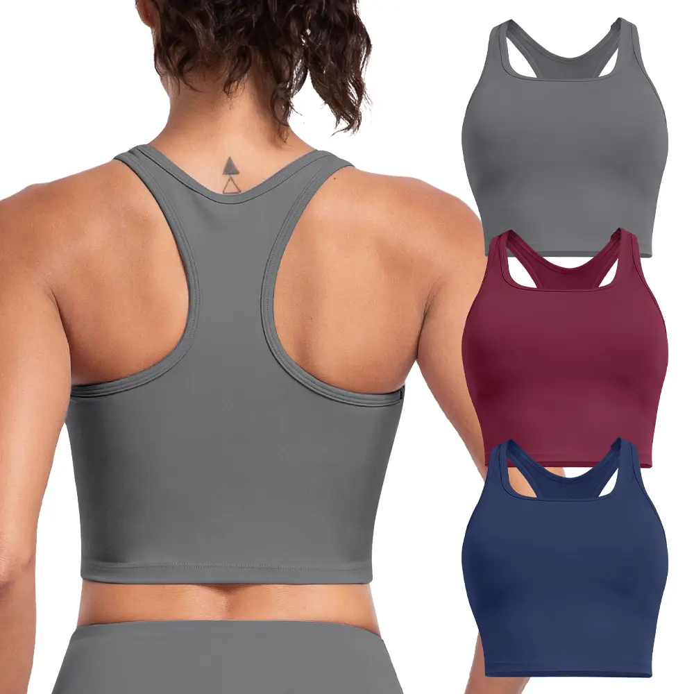 【LOCAL SHIPPING】2026 New Racerback Crop Tank Top - Scoop Neck Built-in Shelf Bra with Removable Pads & Breathable Mesh Back – Women’s Yoga Activewear for Gym Running Training