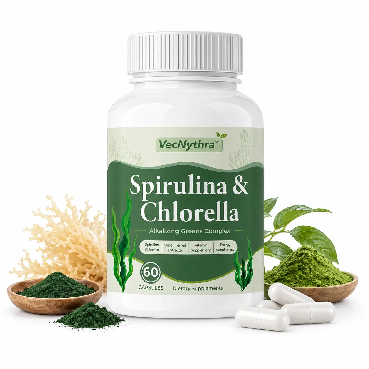 Spirulina & Chlorella Dietary Supplement Capsules with Irish Moss, Ashwagandha & Vitamin C, 60 Capsules, 30 Servings