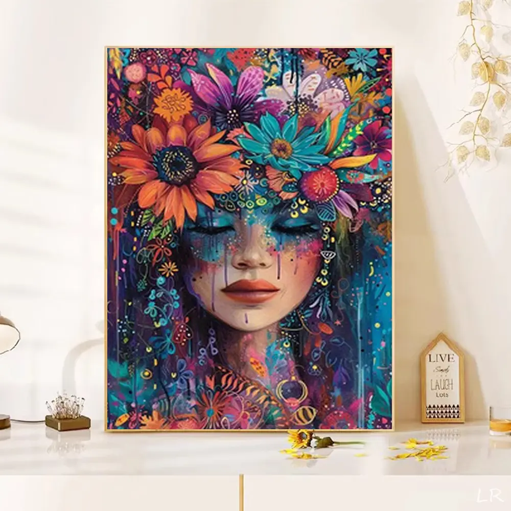 DIY Round Pattern Embroidery Handicraft Kit (30x40cm) - Girl With Flower Wreath Mosaic Diamond Art, Round Drills Stress-Free DIY Kit, Stays Put Diamonds Home Decor, Anniversary/Birthday Gift