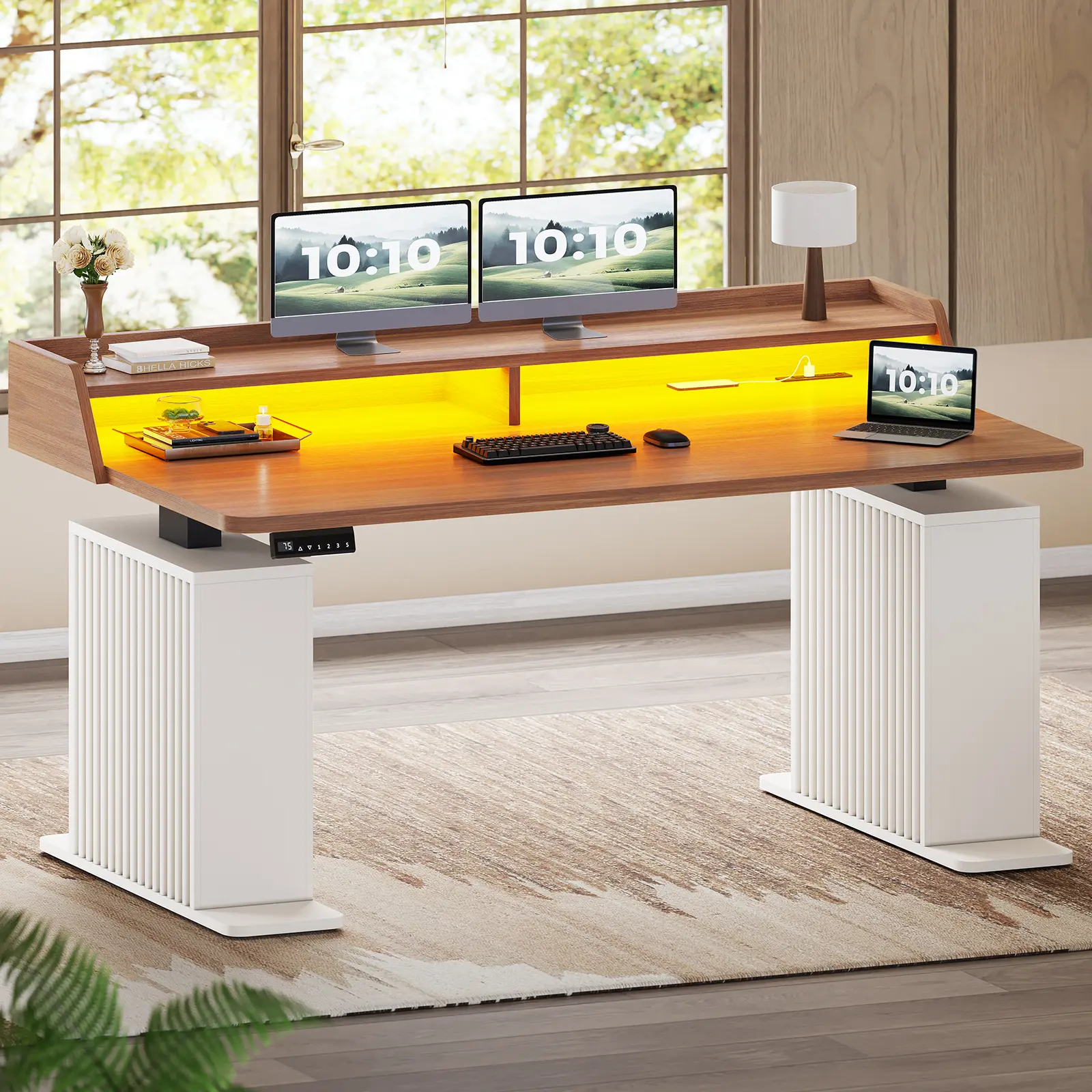 Sedeta 55-Inch Fluted Vintage Electric Height-Adjust Standing Computer Office Desk - Home Office Furniture, Ergonomic for Dual Monitor/Gaming/Studio Setup, 28.7"-47.6" Range, 4 Outlets, 2 USB Ports, RGB LED Lights