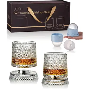 Old Fashioned Whiskey with 360° Rotating Base, Set of 2 (2 Crystal Set, 2 Big Ice Ball Molds) In Gift Box - Bourbon, Cocktail, Rocks, Bday Gifts Ideas for Men, Snowflake Pattern