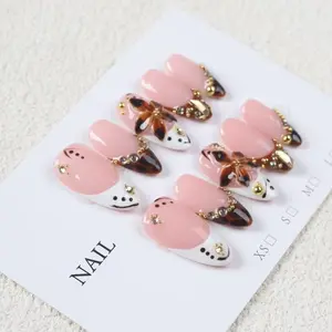 10 Pcs French Almond Press-on Nails, Nail Art Supplies, Brown Amber Pattern, White French Tip, 3D Flower Carving, 3D Rhinestone Decoration, Elegant Style, Suitable for Autumn and Winter Daily Wear, Holidays, Parties for Women and Girls