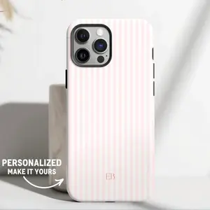 Personalized Pink Phone Case Custom Monogram Phone Case Aesthetic Pink Striped Phone Case Summer Coastal Phone Case Preppy  Protection Durable