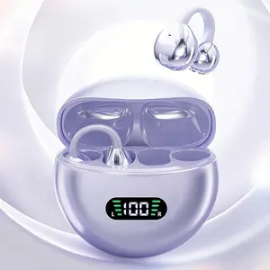 MOKATA TWS Open-Ear Clip-On Chargeable Wireless Earbuds, Electronic Audio Stereo with LED Display, Bluetooth 5.4 HiFi Sound, Noise Suppression, IPX5 Waterproof Sports Headphones with Charging Case for Gym & Daily Use - Purple