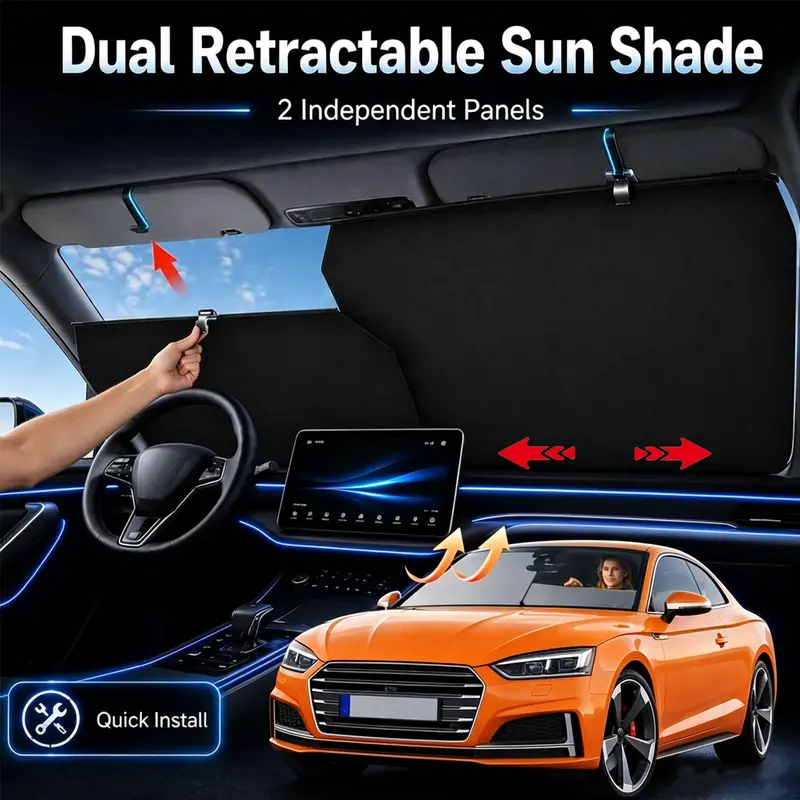 Retractable Car Privacy Curtain with Telescopic Rod - Aluminum Windscreen Shade Cover, UV Protective Sunshade, Heat Insulation, Adjustable Design, Durable Full Coverage Automotive Summer Driving Accessory
