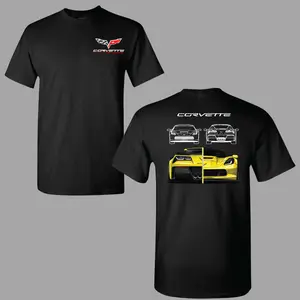 180g[100%cotton]Corvette Car T-shirt, Front and Back Print 2 Sides Featuring Yellow C7 Z06 Split Graphic and Classic Line Art for Car Lovers and Racing Fans for Men & Women, Streetwear, Vacation Outfits, Summer Deals