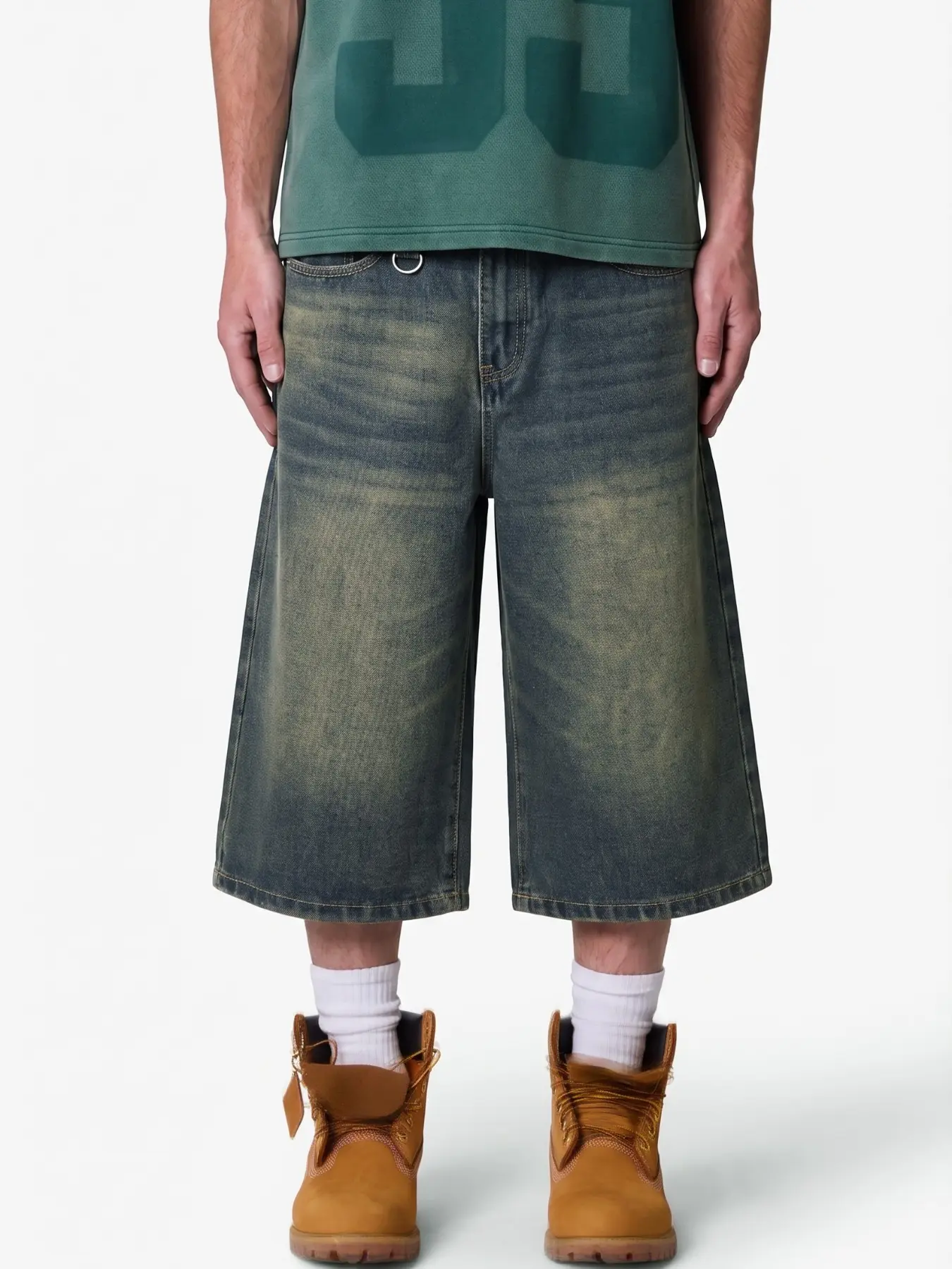 Men's Fashion Retro Wide-Leg Plain Tropical Jean Shorts with Pockets, Loose High Street Sporty Style Denim Jeans, Vintage American Streetwear Distressed Pants, Summer Casual Football, Versatile Loose Fit