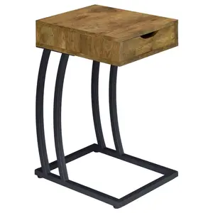 Troy 1-Drawer C-Shaped Side Table with Power Outlet, Antique Nutmeg Finish, Dark Metal Accents - Indoor Furniture Table