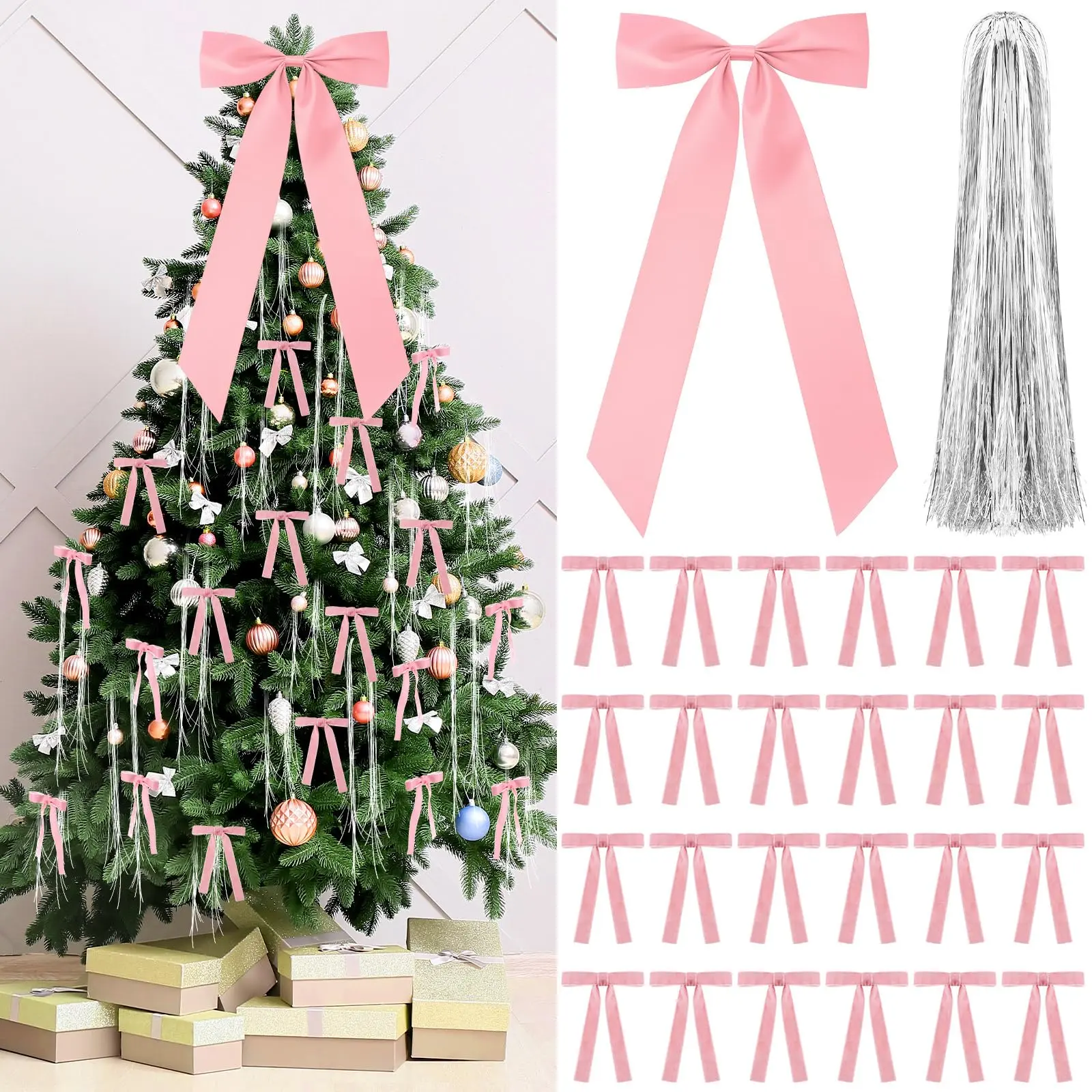 Christmas Clearance Sale Valentine's Day Decor Velvet Bows Christmas Tree Topper Bows & Tinsel Set Christmas Ornaments Bows for Xmas Tree Holiday Home Wedding Party Outdoor Christmas Decor Christmas Gifts, Gif Wrapping & DIY Project