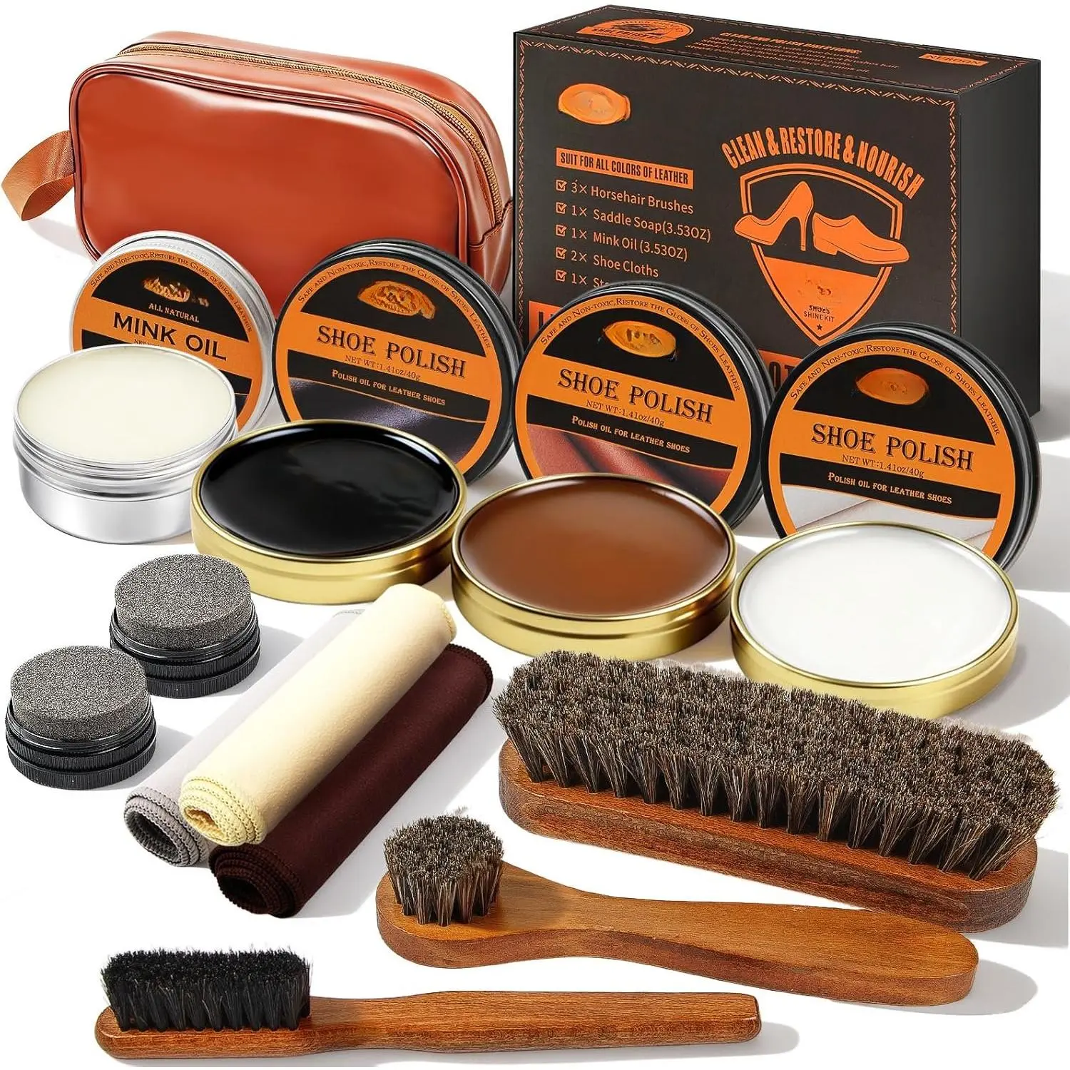 13 count Shoe Care Kit for Men & Women,3 Horsehair Shoe Polish Brush,Black Brown Neutral  Oil for Shoes,Care for Leather Boots, Shoe Cleaning Kit as  for Men with Shine Sponges & Care Cloth