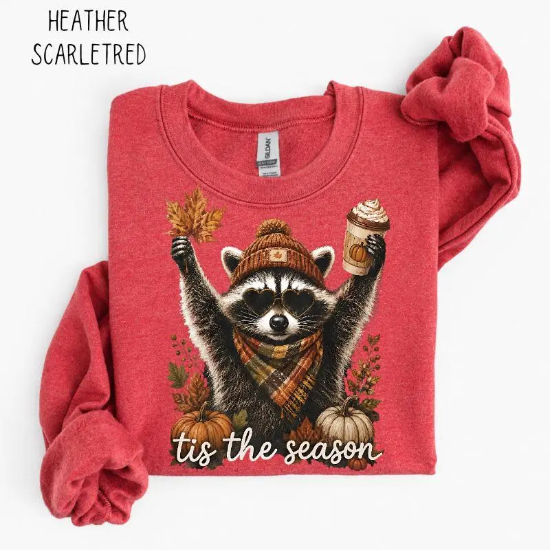 Retro Autumn Raccoon Sweatshirt, Funny Pumpkin Raccoon Crewneck, Cozy Fall Coffee Pullover, Cute Woodland Animal Sweatshirt, Halloween Autumn Gift, Crewneck Top