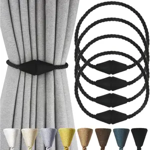 4 Pack Magnetic Curtain Tiebacks Rope Modern Handmade Curtain Tie Backs Decorative Drapes Weave Holdbacks for Window Décor, Black