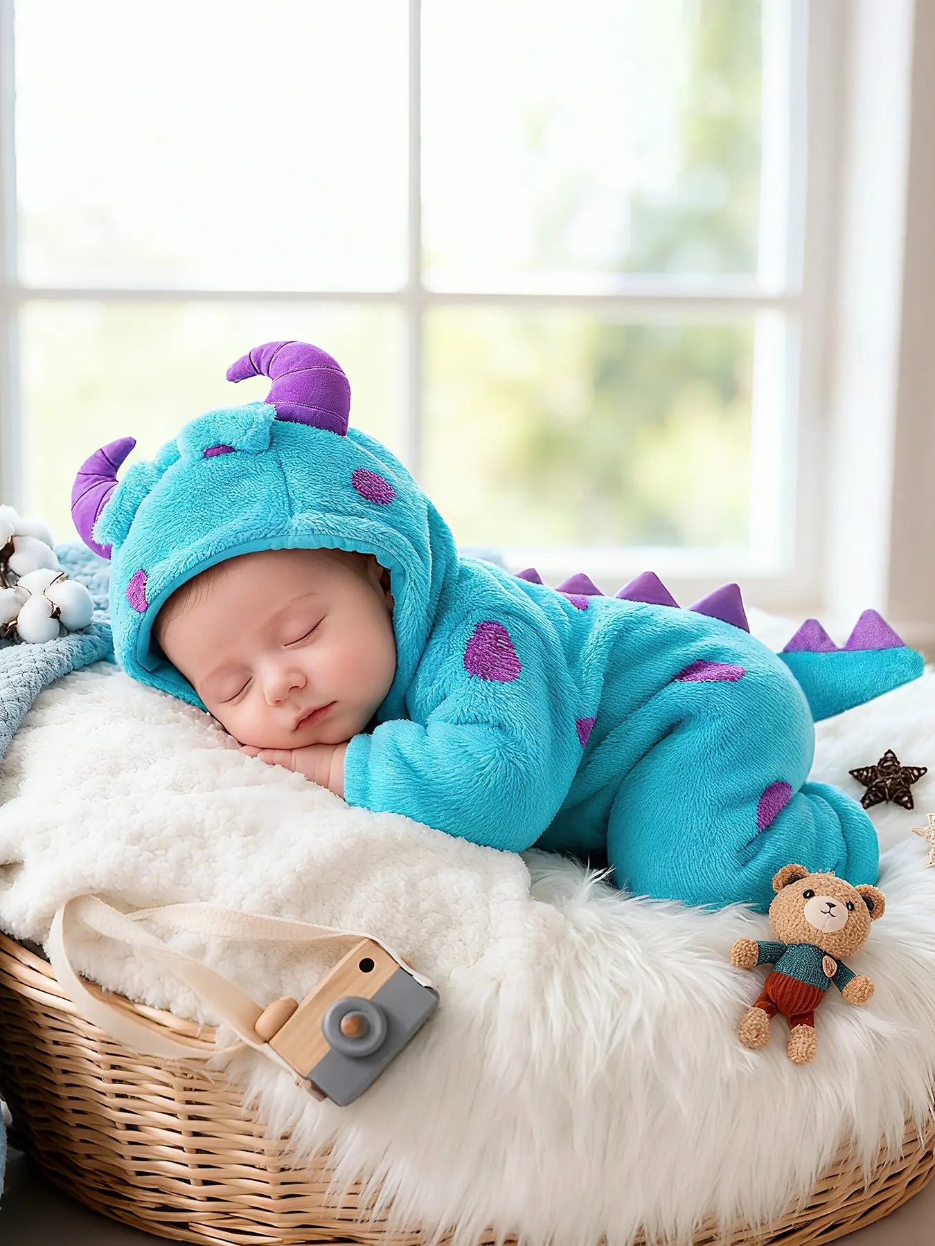 Baby Animal Fleece Onesie Romper Costume with Cartoon Cute Monster Horn Hat, Warm Thick Winter Jumpsuit for Boys and Girls