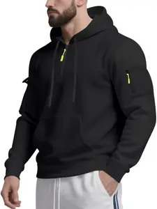 Men's Fleece Lined Half-Zip Hoodie, Waterproof Windproof Warm Elastic Casual Long Sleeve Pullover for Fall & Winter