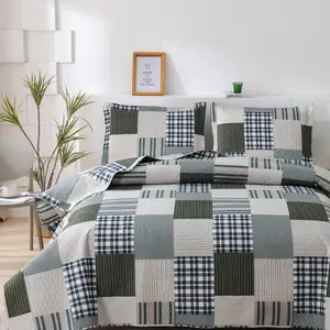 Plaid Patchwork Quilts King Size Lightweight Buffalo Plaid Bedspread For Boy Man All Season Bedding Gingham Grid Coverlet with 2 Pillowshams (Coffee, Blue, King)