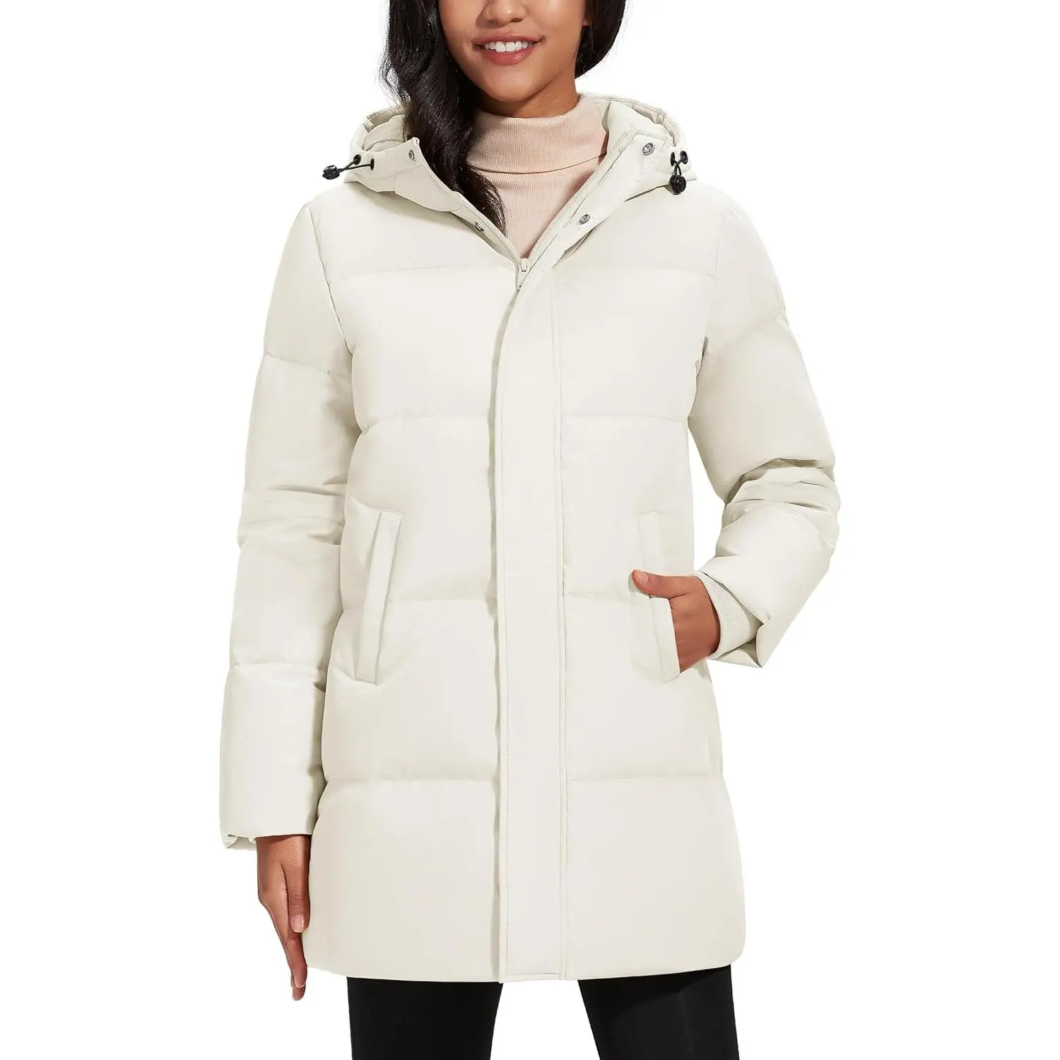 YUCOLEN Women's Hooded Duck Down Parka, Long Puffer Winter Coat, Lightweight Waterproof Warm Outwear with Pockets, Light, Tops, Tee, Polyester