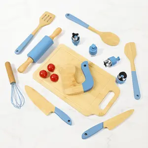 Kid 14Pcs Wooden Safe Kitchen Knife Set - Wooden Cooking & Baking Set For Vegetables, Fruits, cheese and other foods Kitchen Knives Knife Block Real Cutting Board for Chrismas Gift,Durable Utensils Kitchenware