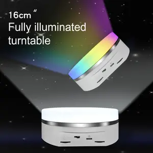 Variety Colors Full Panel LED Luminous Rotating Display Stand , 11 Lbs Load, 360 Degree Photography Turntable for Glass Crystal ，Jewelry (6.3inch / 5Color LED Light / White/Rechargeabl)