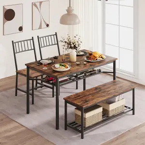 47.2" Rustic Brown Dining Table Set for 4 with 2 Chairs & Storage Bench, Wooden Kitchen Table with Wine Rack, Compact for Apartments/Small Spaces