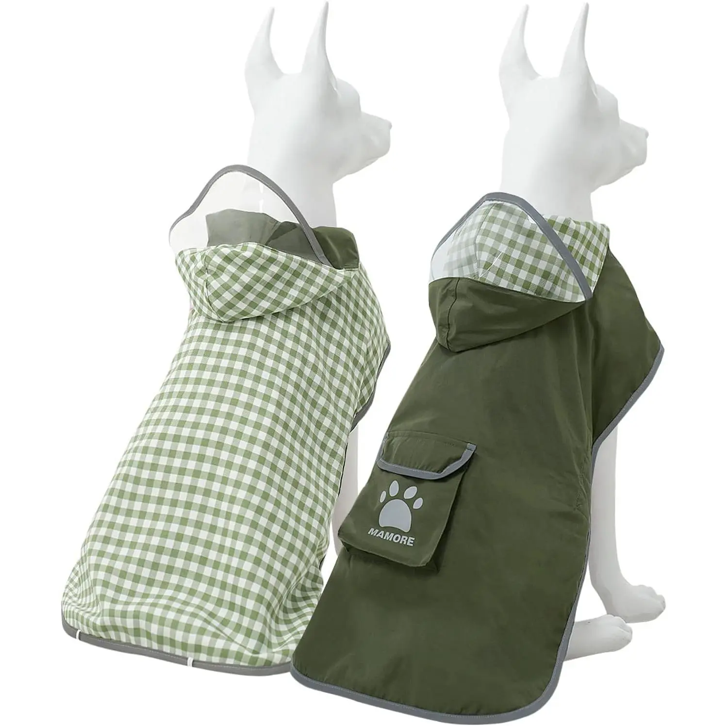 Reversible Plaid Dog Raincoat, Hooded Double Layer Waterproof Jacket with Reflective Strip for Rainy Days, Medium (13-22lb), Army Green, Poncho