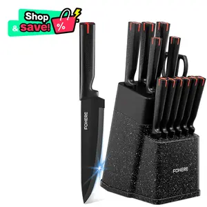FOHERE 13 Pieces Knife Set with Block, Stainless Steel Knive Sets for Kitchen with Built-in Sharpener Sharp Granite Kitchen Knife Block Set with Anti-slip Handle Rust Resistant, Black