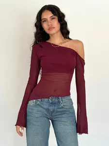 Women's Plain Asymmetrical Neck Flounce Sleeve Tee, Casual Long Sleeve T-shirt for Spring & Fall, Women's Clothing for Daily Wear, Valentine's Day Gift for Girl, Fall & Winter Clothes for Women
