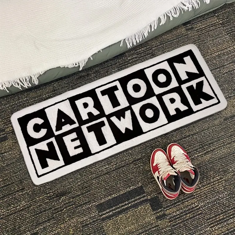 Retro style living room decoration strip, bedroom bedside plush, bathroom entrance thick anti-slip, American retro brand washable carpet with black and white color, Cartoon Network letter design, Decorative Area Rug, Cartoon Pattern Rug, Home Decor Rug