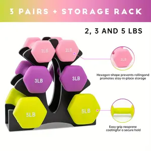 Women's Neoprene Dumbbell Set - 3 Pairs Non-Slip Hand Weights (2 lbs, 3 lbs, 5 lbs) with Stand - Anti-Roll Hexagonal Shape, Suitable for Home Gym and Fitness Training, LAOJBABA