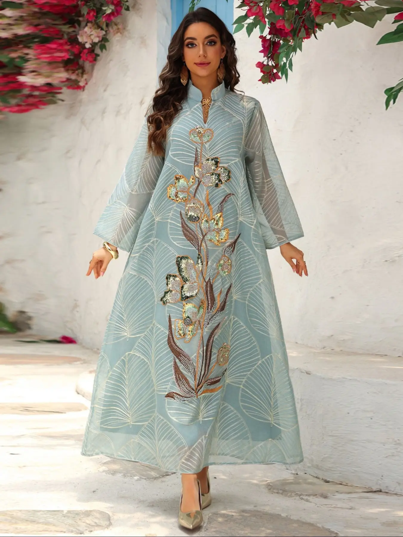 Women's Traditional Style Elegant Chic Floral Sequined Woven Mesh Kaftan Dress, Middle Eastern Fashion Aesthetic Formal Evening Embellished Glam Gown Abaya, Perfect for Special Occasions, Womenswear