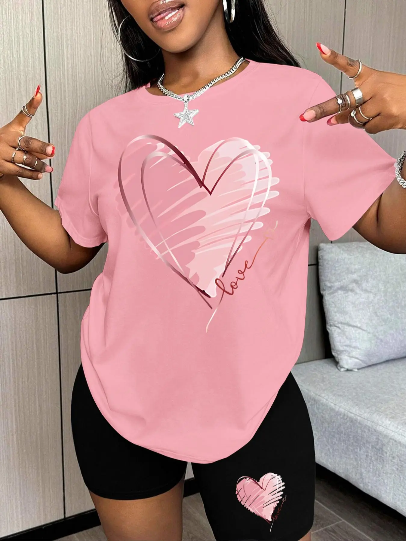 Two-piece Set Women's Heart Print Tee & Skinny Shorts Set, Casual Short Sleeve T-shirt & Track Shorts, Ladies Sportswear for Indoor Outdoor Wear, Clothes, Fashion Clothing Set, Round Neck Womenswear, Matching Set, Summer Outfits Set